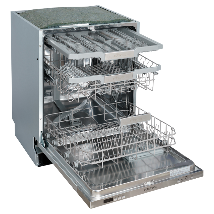 Jocel built-in dishwasher, 15 place settings, stainless steel, open door showing racks.