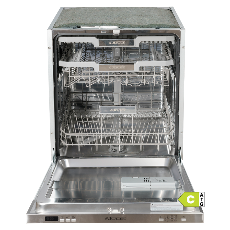 Jocel stainless steel built-in dishwasher, open door, empty interior, 15 place settings, energy efficiency class C.