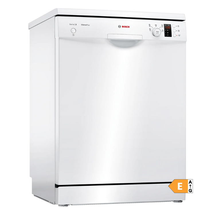 Bosch Serie 2 SMS25AW05E white dishwasher, 12 sets, front view.