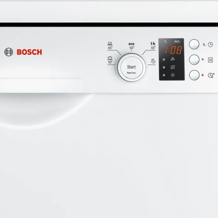 BOSCH white dishwasher control panel with digital display and buttons.