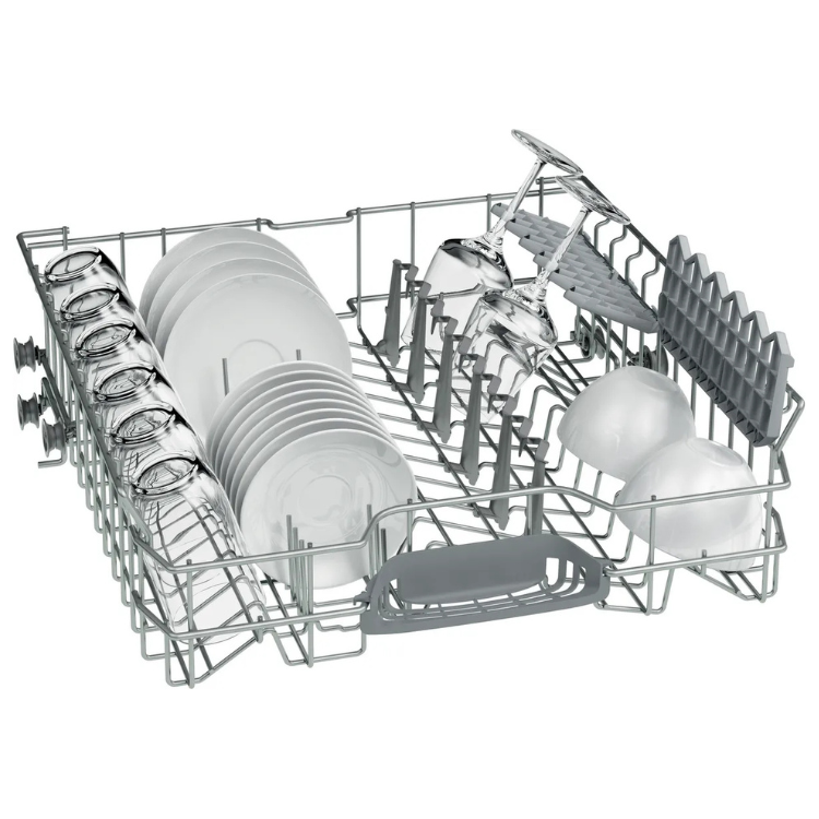 Bosch Serie 2 dishwasher rack with white plates, glasses, and utensils.