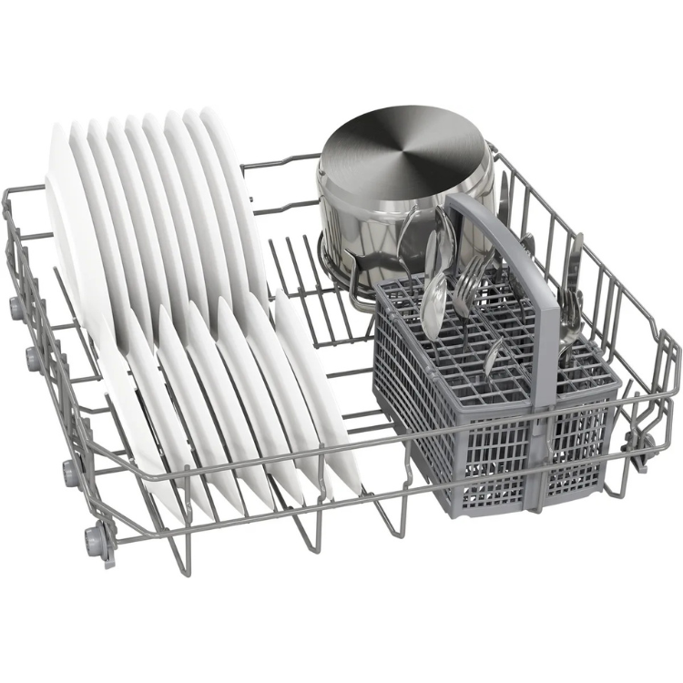 Bosch Serie 2 dishwasher rack with 7 white plates, silver pot, and utensils.