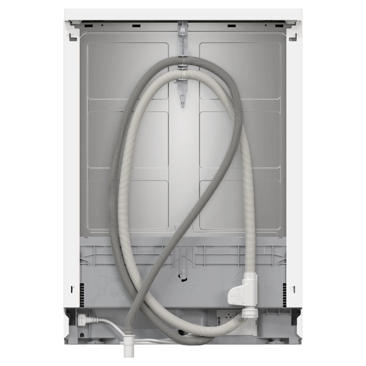 Bosch Serie 2 white dishwasher interior with exposed hose and connections.