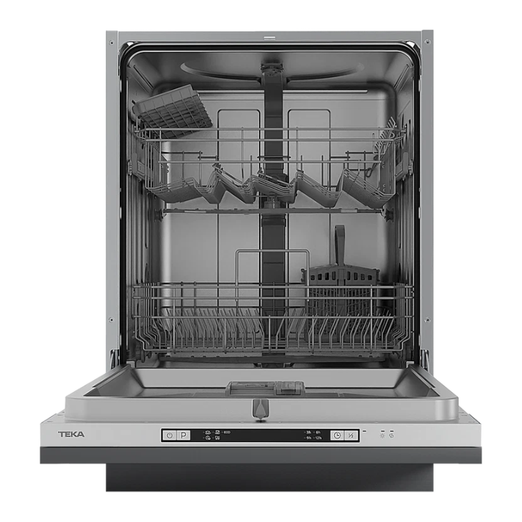 Teka DFI46650 stainless steel built-in dishwasher interior with racks and control panel.