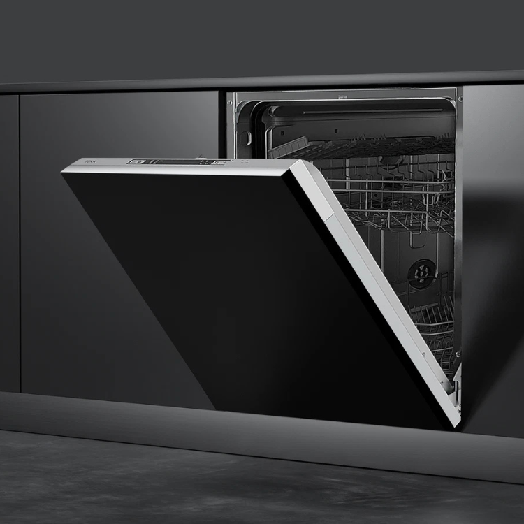 Teka DFI46650 built-in dishwasher door open, 12 place settings, stainless steel trim.
