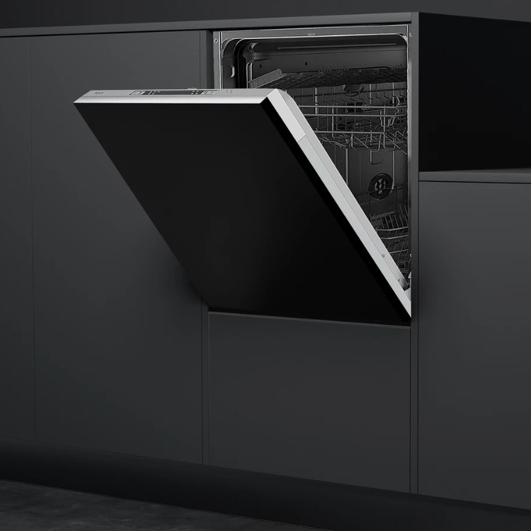 Teka DFI46650 built-in dishwasher, 12 place settings, black, door open.