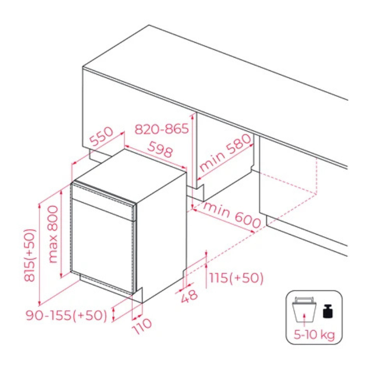 Teka DFI46650 built-in dishwasher dimensions diagram, 12 place settings.