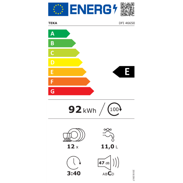 Teka DFI46650 dishwasher energy label, E rated, 92kWh/100 cycles.