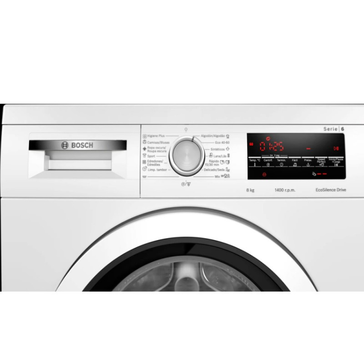 Máquina de lavar roupa Bosch Serie 6 WUU28T63ES, 8kg, 1400RPM, branca, com painel de controlo digital e porta de carga frontal.