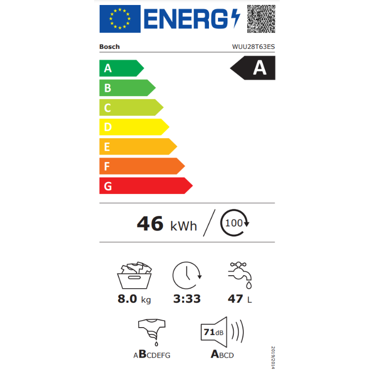 Etiqueta energética da máquina de lavar roupa Bosch WUU28T63ES, classe A, 8kg, 46kWh.