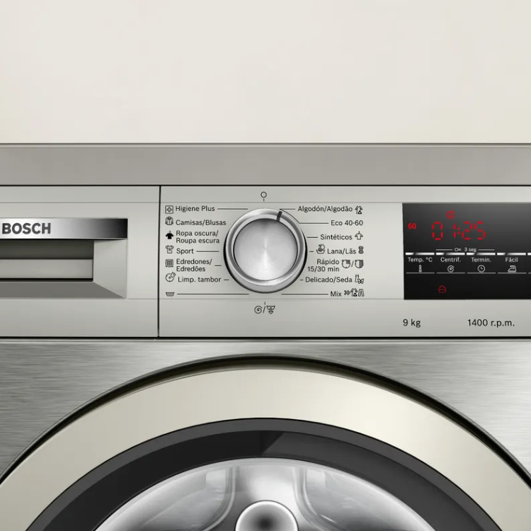 Bosch Serie 6 washing machine, stainless steel, 9kg, 1400rpm, digital display.