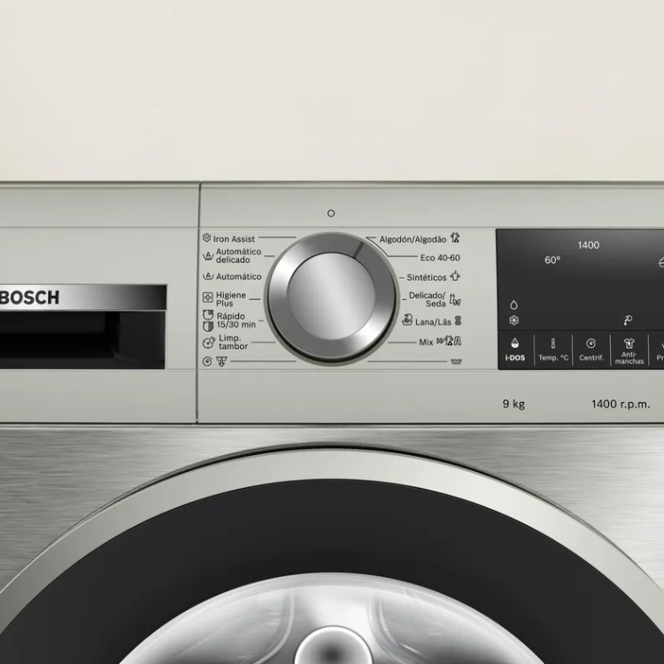 Bosch Serie 6 WGG244FXES stainless steel washing machine control panel, 9kg, 1400 RPM.