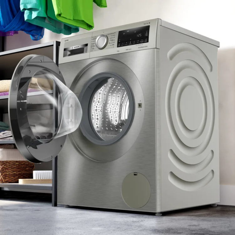 Bosch Serie 6 Washing Machine, stainless steel, 9kg, 1400RPM, open door.
