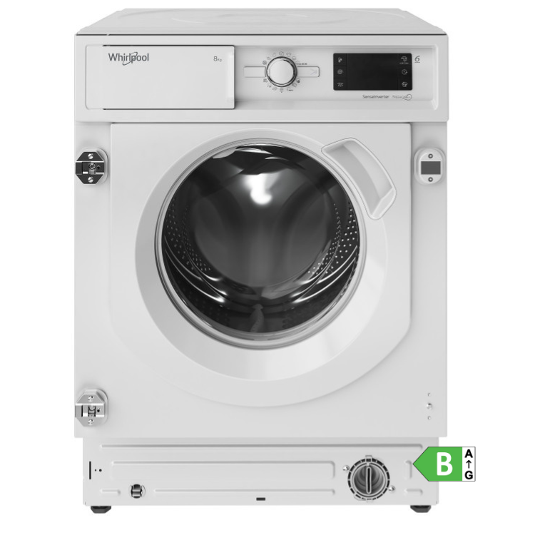 Whirlpool white front-loading washing machine with 8kg capacity and digital display.