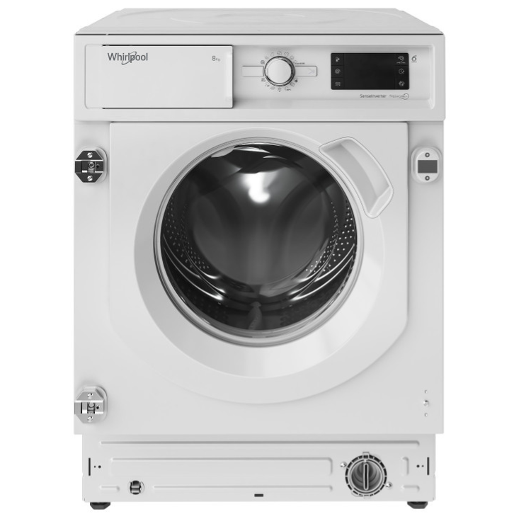 Whirlpool white front-loading washing machine with 8kg capacity and digital display.