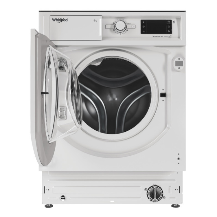 Whirlpool 8kg 1400RPM front-loading washing machine, white, door open.