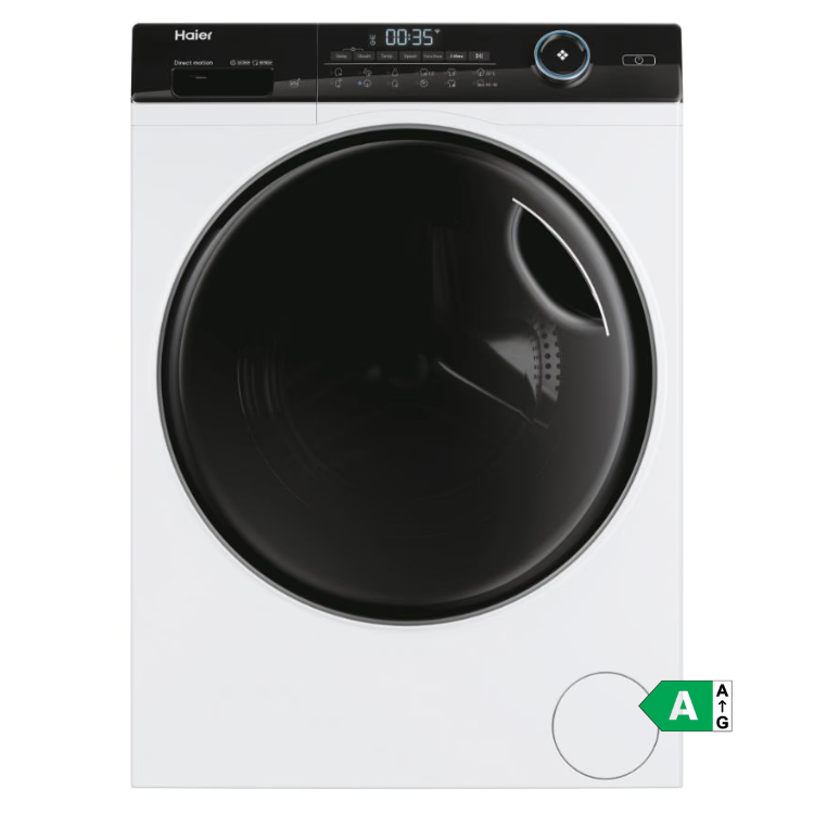 Haier white washing machine, 10Kg, 1400RPM, Class A, black door and control panel.