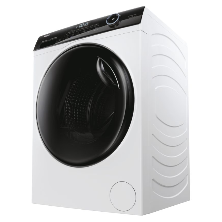 White Haier washing machine, 10kg, 1400RPM, Class A, front loader with black door and control panel.