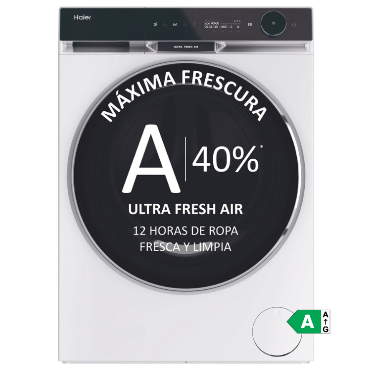 Máquina de lavar Haier branca, carga frontal, 11kg, 1400RPM, classe A.