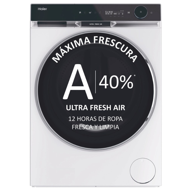 Máquina de lavar Haier branca com painel preto e destaque para tecnologia Ultra Fresh Air.
