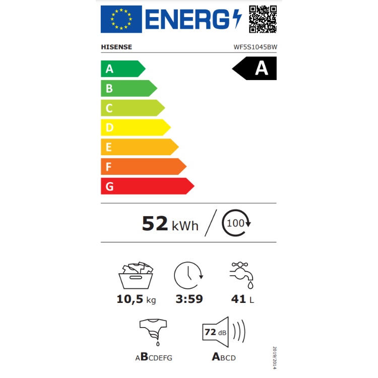 Máquina de Lavar Roupa Hisense WF5S1045BW 10Kg 1400RPM Classe A Branco