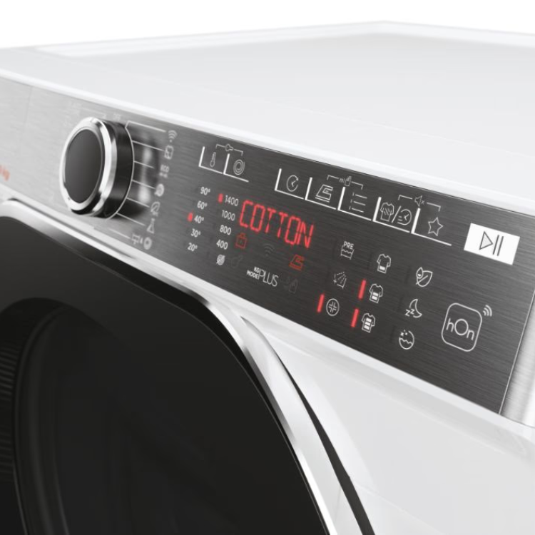 Hoover H5WPB49AMBC81S washing machine control panel, white, 9kg, 1400RPM, cotton cycle selected.