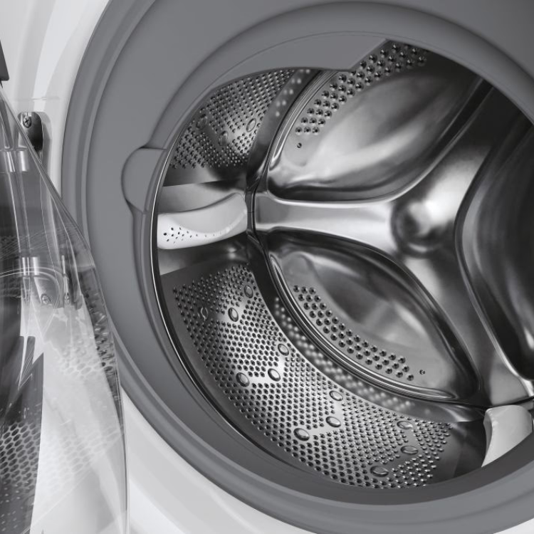 Hoover H5WPB49AMBC81S washing machine interior, stainless steel drum, white exterior.