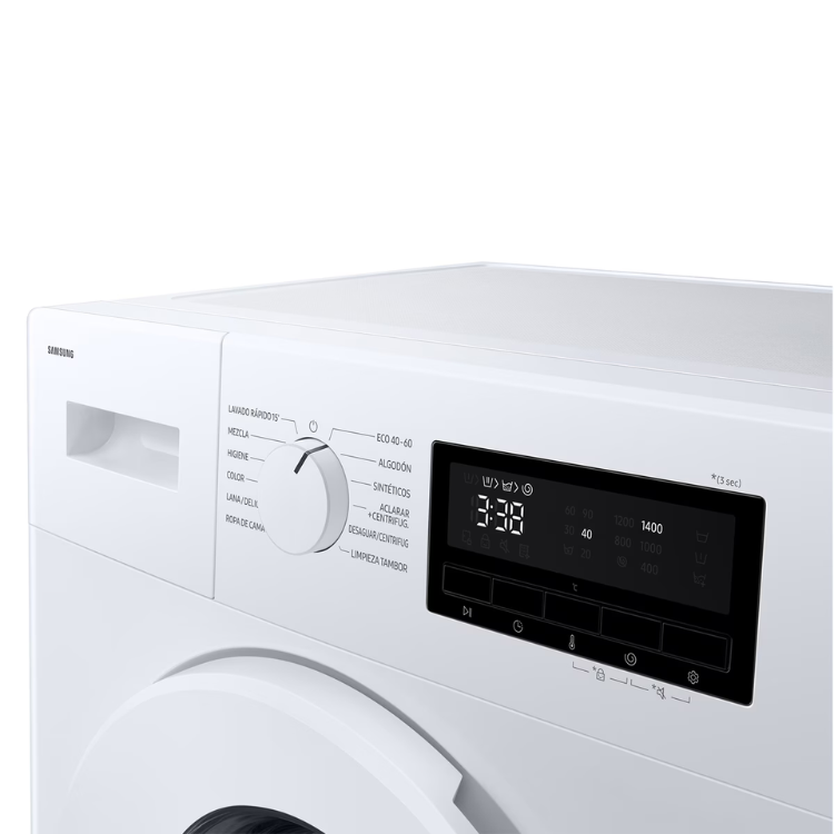 Máquina lavar roupa Samsung branca, 8Kg, 1400RPM, Classe A, painel digital e comandos.