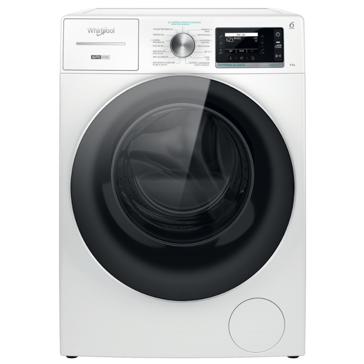 Whirlpool 9kg white front-loading washing machine with black door and control panel.