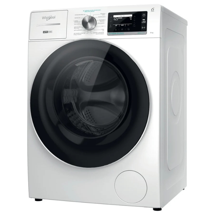 Whirlpool front-loading washing machine, white, 9kg, black door.