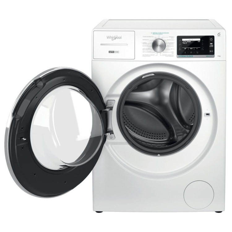 Whirlpool white front-loading washing machine, 9kg, open door.