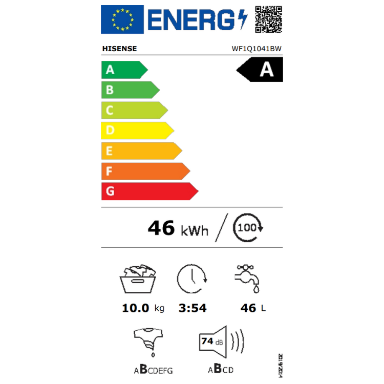 Máquina de Lavar Roupa Hisense WF1Q1041BW 10Kg 1400RPM Classe A Branco