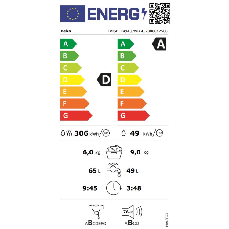 Máquina de Lavar e Secar Roupa Beko BM5DFT49437WB 9Kg/6Kg 1400RPM Classe D