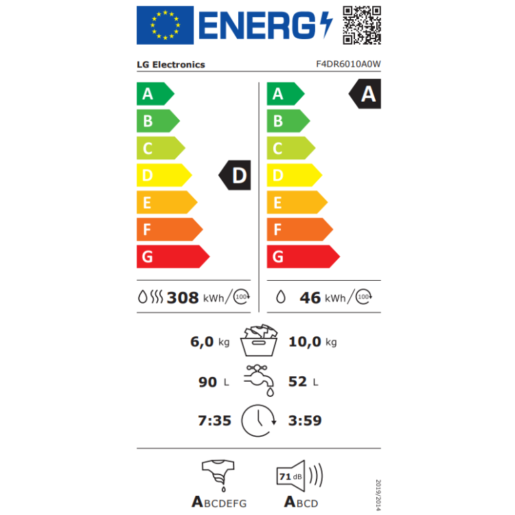 LG washer dryer energy label, A rated, 10kg wash, 6kg dry.