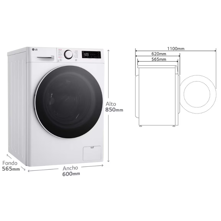 LG white washer dryer, 10kg/6kg, 1400RPM, Class D, front load, angled view with dimensions.