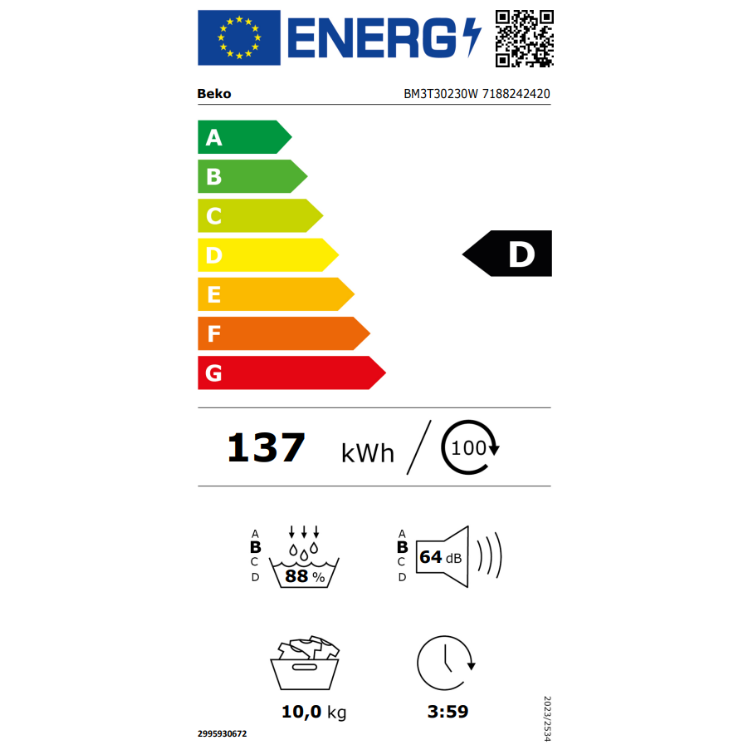 Máquina de Secar Roupa Beko BM3T30230W 10Kg Classe D Branco