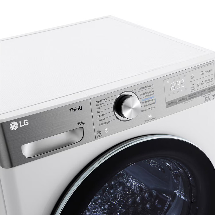 Máquina de Secar Roupa LG ThinQ 10kg Branco, painel de controlo com display e selector rotativo.