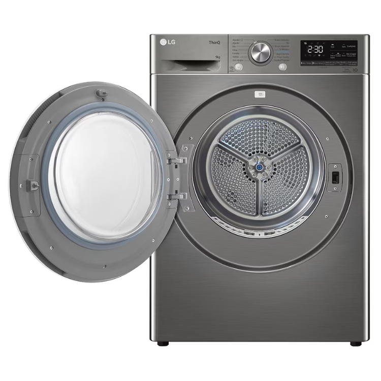 Máquina de secar roupa LG RH90V9PV2N 9Kg Classe C Inox com a porta aberta.