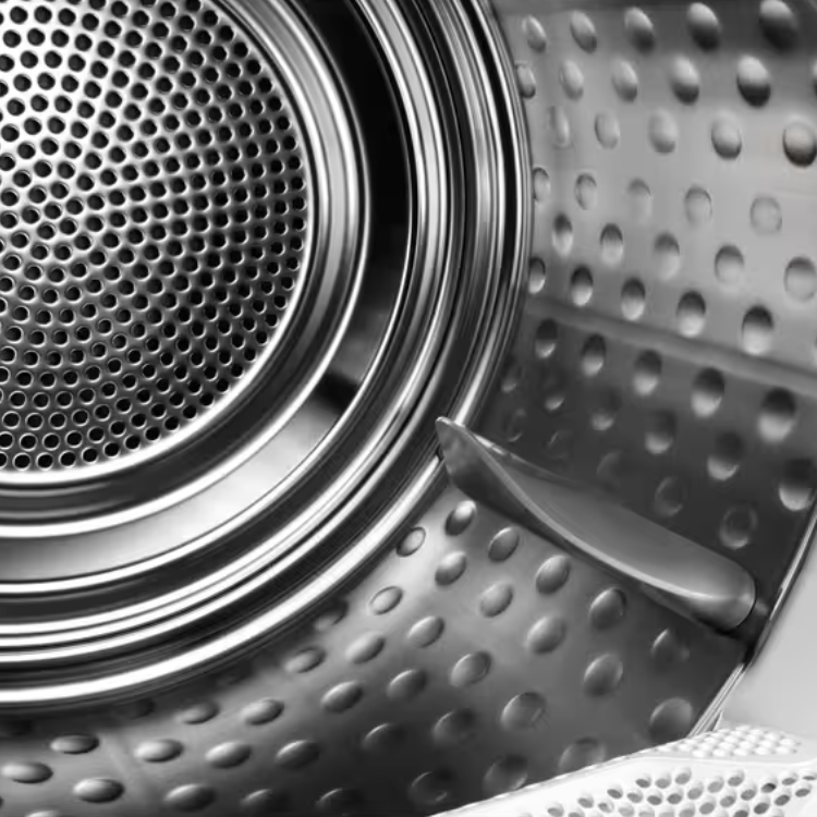 AEG TR818A4OB 8Kg Class C dryer interior, stainless steel drum with holes and handle.