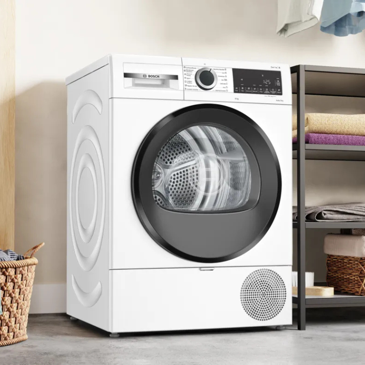 Máquina de secar roupa Bosch Serie 6 WQG24200ES, 9Kg, Classe D, branca, com porta grande e painel de controlo digital.