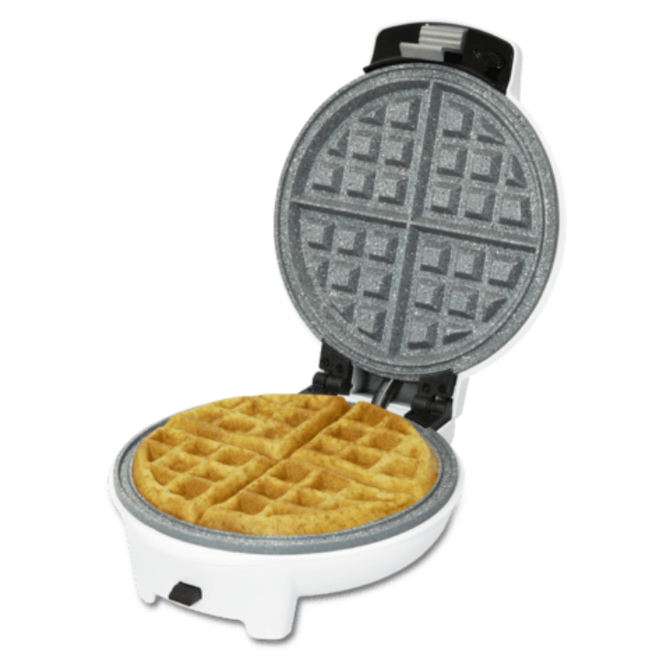 Cecotec Fun Gofrestone 3-in-1 waffle maker, white, with golden waffle and gray non-stick plates.