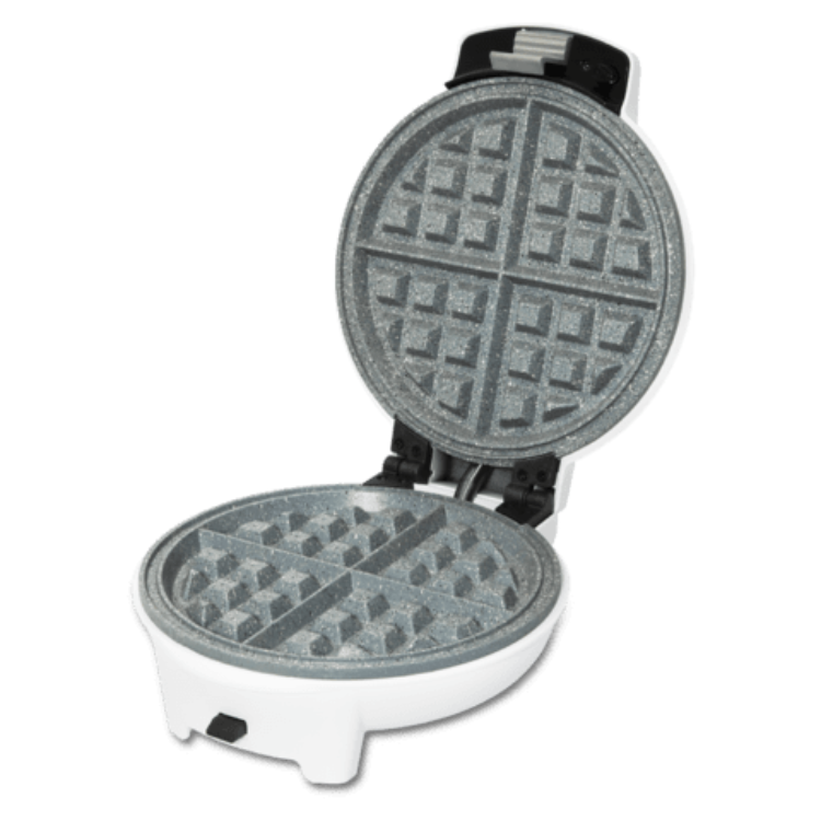 Cecotec Fun Gofrestone 3-in-1 waffle maker, white and grey, open showing two different plate designs.