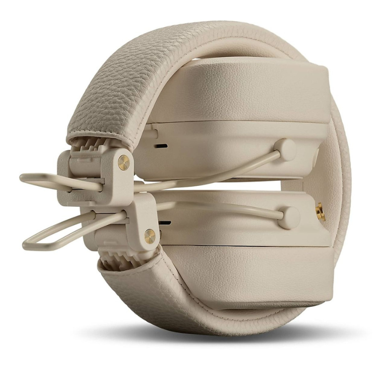 Marshall Major V cream headphones, folded, with leather ear cushions and headband.