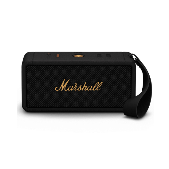 Marshall Middleton Bluetooth speaker, black with brass accents and strap.