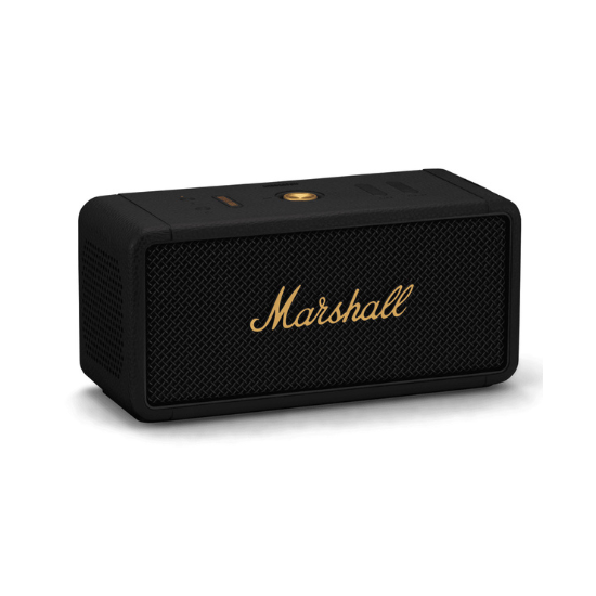Black Marshall Middleton Bluetooth speaker with gold accents and logo.
