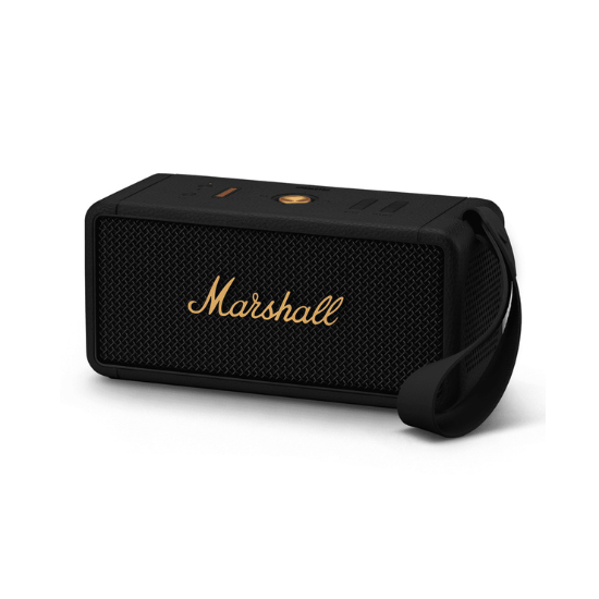 Black and brass Marshall Middleton Bluetooth speaker with gold logo and handle.