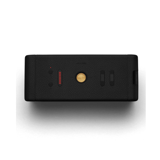 Marshall Middleton Bluetooth speaker, black and brass, rectangular portable speaker with gold button and red volume indicator.