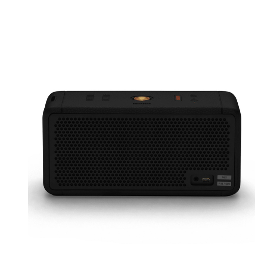 Marshall Middleton Bluetooth speaker, black and brass, compact rectangular design with honeycomb grille and gold logo.
