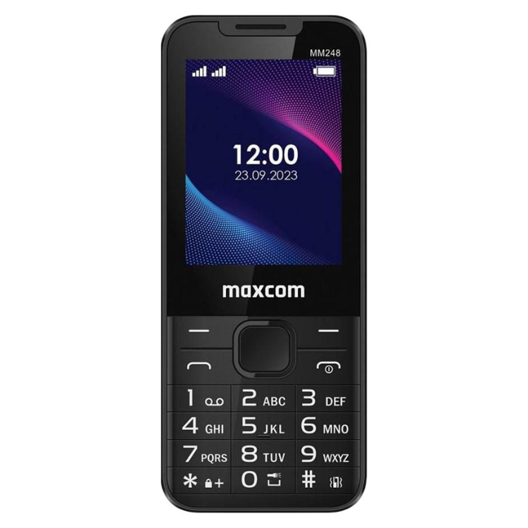 Telemóvel Maxcom MM248 preto com teclado e ecrã a mostrar data e hora.