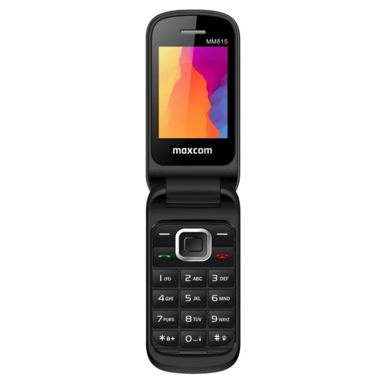 Telemóvel Maxcom MM815L preto, com ecrã colorido e teclado numérico, formato flip.